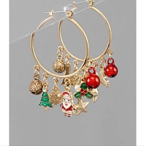 Goldtone Christmas Charm Hoop Earrings
